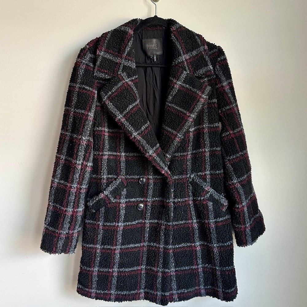 PAIGE Coat Womens Small Black Gray Burgundy Plaid Boucle Double Breasted Teddy